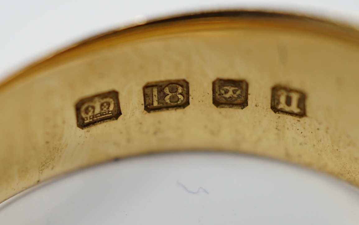 A 1930's 18ct gold signet ring (stone missing), 7.4 grams and two 9ct gold rings including diamond chip set signet ring, gross weight 6.2 grams.